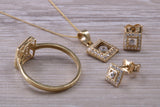 9ct yellow Gold Matching Stud Earrings, Necklace and Ring