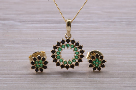 9ct Yellow Gold Real Sapphire and Real Emerald Necklace and Matching Earrings