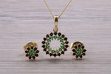 9ct Yellow Gold Real Sapphire and Real Emerald Necklace and Matching Earrings