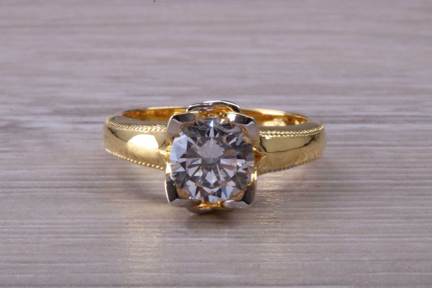 Large Two ct size Diamond White C Z ring, Beautiful and absolutely stunning ring, Sterling Silver with 18ct Yellow Gold Plating
