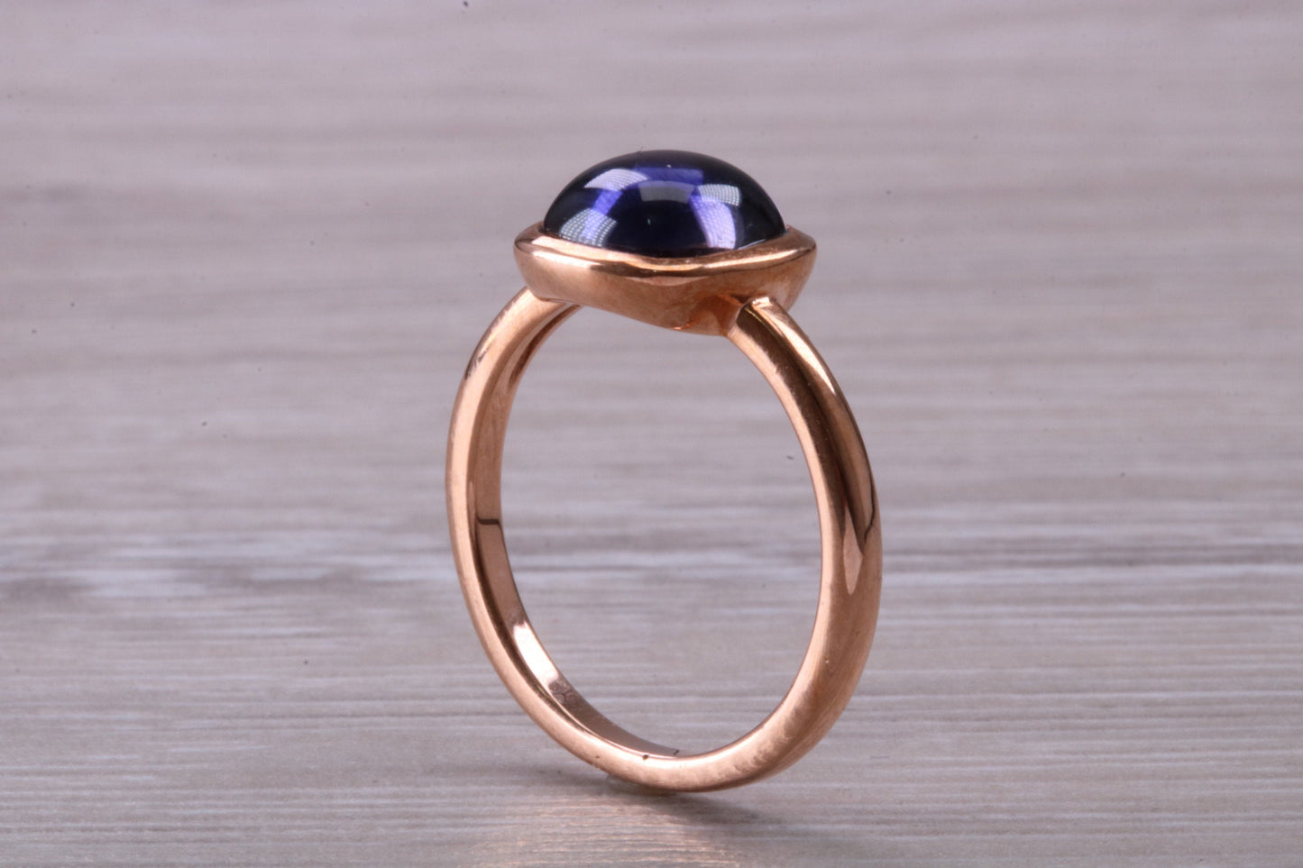 Beautiful Cabochon cut Iolite ring, solid chunky ring, made from solid 9ct Rose Gold, British hallmarked, natural Iolite