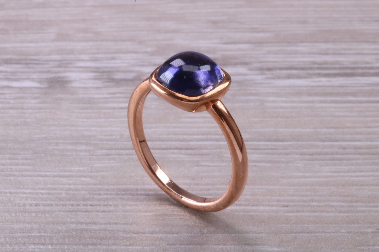 Beautiful Cabochon cut Iolite ring, solid chunky ring, made from solid 9ct Rose Gold, British hallmarked, natural Iolite