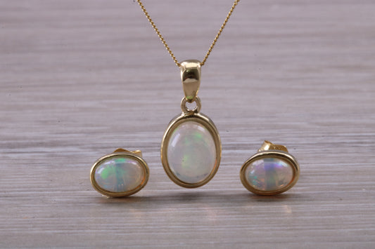Fiery Natural Opal Earrings and Necklace Set, Solid 9ct Yellow Gold