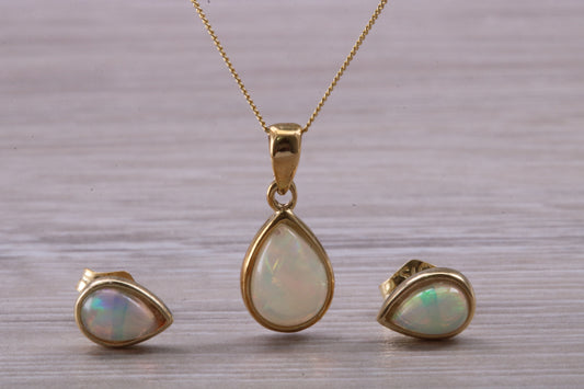 Fiery Natural Opal Earrings and Necklace Set, Solid 9ct Yellow Gold