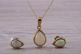 Fiery Natural Opal Earrings and Necklace Set, Solid 9ct Yellow Gold