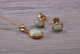 Fiery Natural Opal Earrings and Necklace Set, Solid 9ct Yellow Gold