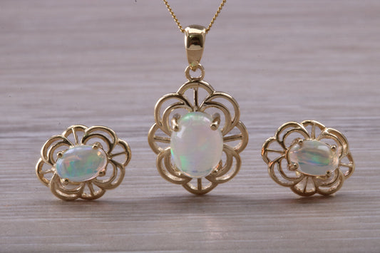 Fiery Natural Opal Earrings and Necklace Set, Solid 9ct Yellow Gold