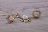 Fiery Natural Opal Earrings and Necklace Set, Solid 9ct Yellow Gold