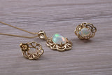 Fiery Natural Opal Earrings and Necklace Set, Solid 9ct Yellow Gold