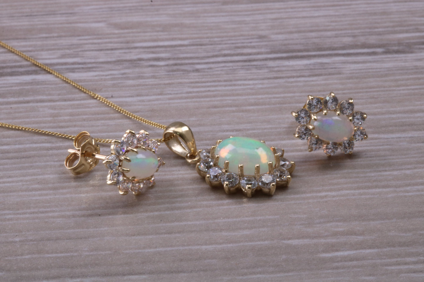Fiery Natural Opal Earrings and Necklace Set, Solid 9ct yellow gold