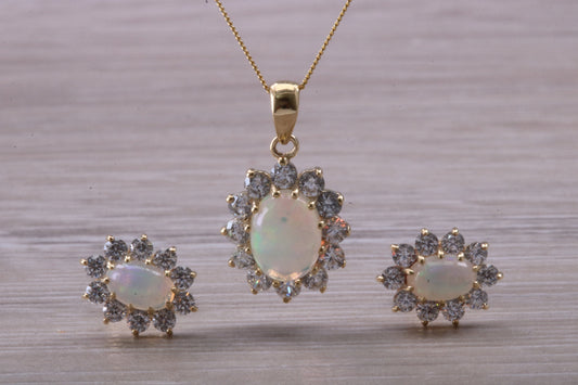 Fiery Natural Opal Earrings and Necklace Set, Solid 9ct yellow gold