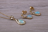 Fiery Natural Opal Dropper Earrings and Necklace Set, Solid 9ct Yellow Gold