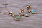 Fiery Natural Opal Dropper Earrings and Necklace Set, Solid 9ct Yellow Gold