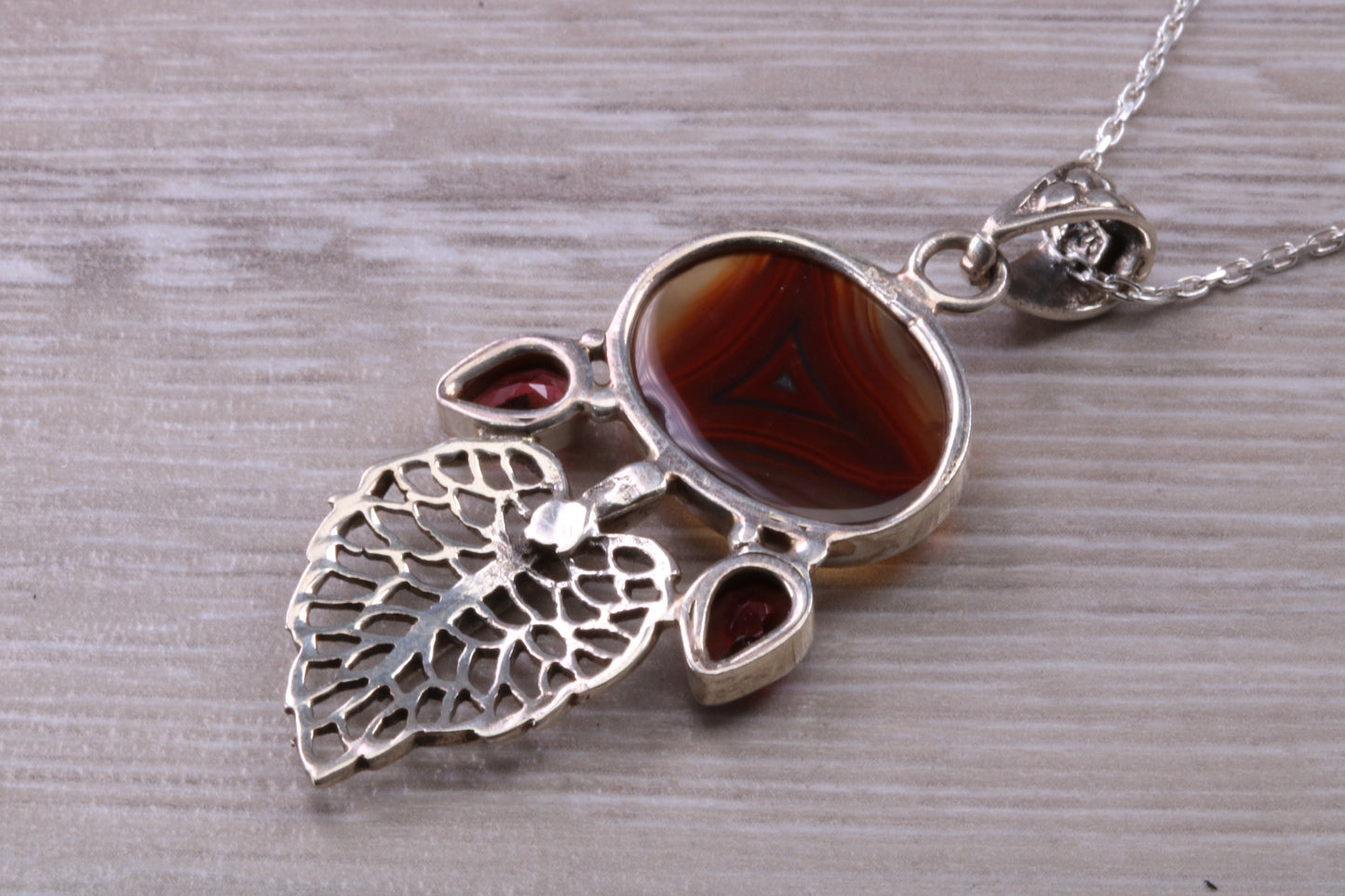 Large Brown Agate and Garnet Necklace set in Sterling Silver