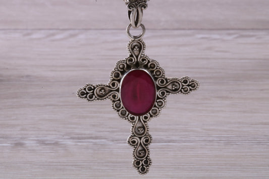 Real Ruby set Cross Necklace in Sterling Silver