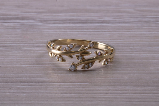 9ct Yellow Gold and Diamond White C Z set Leaf Abstract ring, made from solid 9ct Yellow Gold, British hallmarked