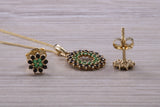 9ct Yellow Gold Real Sapphire and Real Emerald Necklace and Matching Earrings