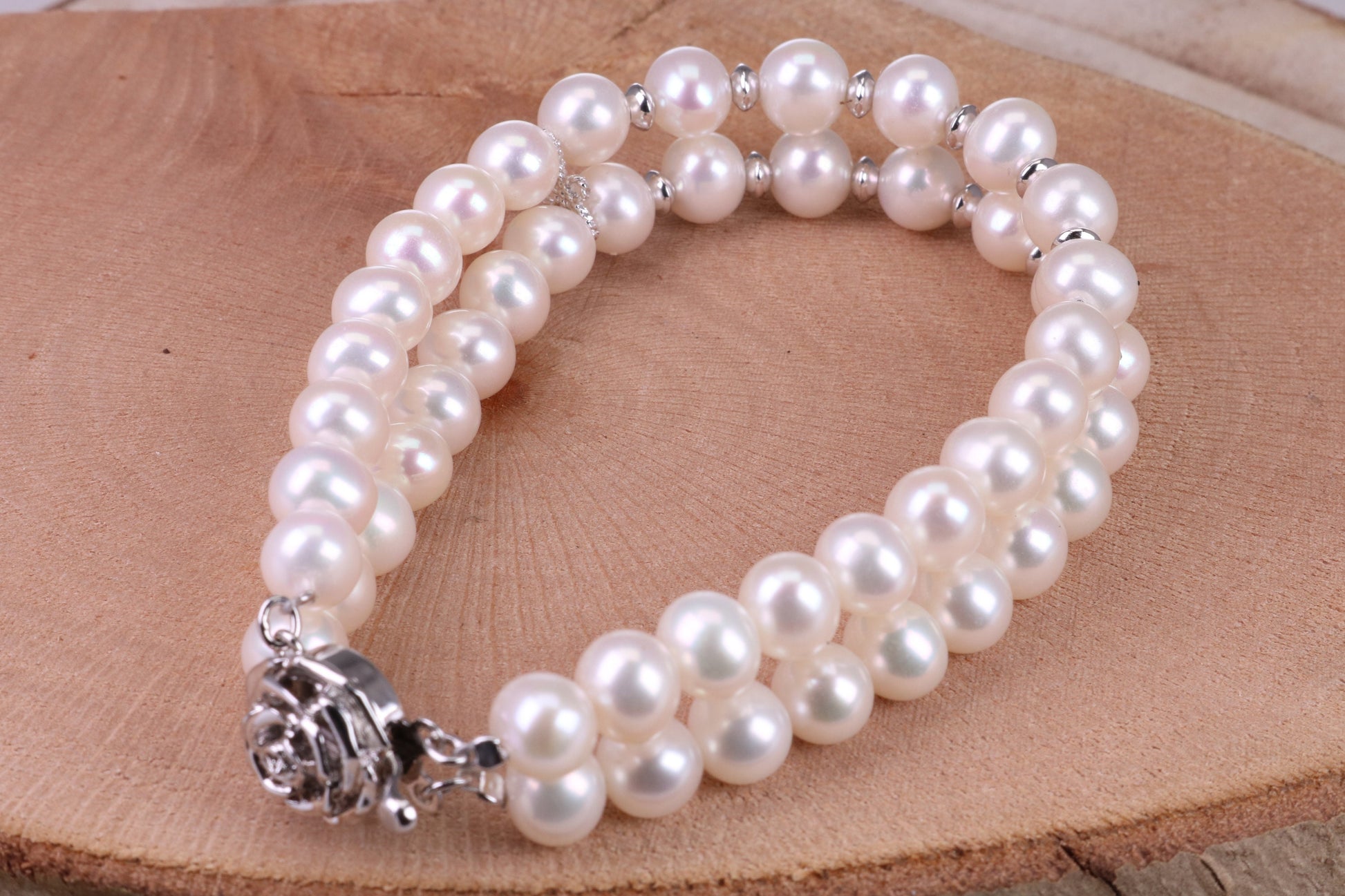 Double Row Freshwater Pearl Bracelet with Rose Flower Closure, made from Sterling Silver