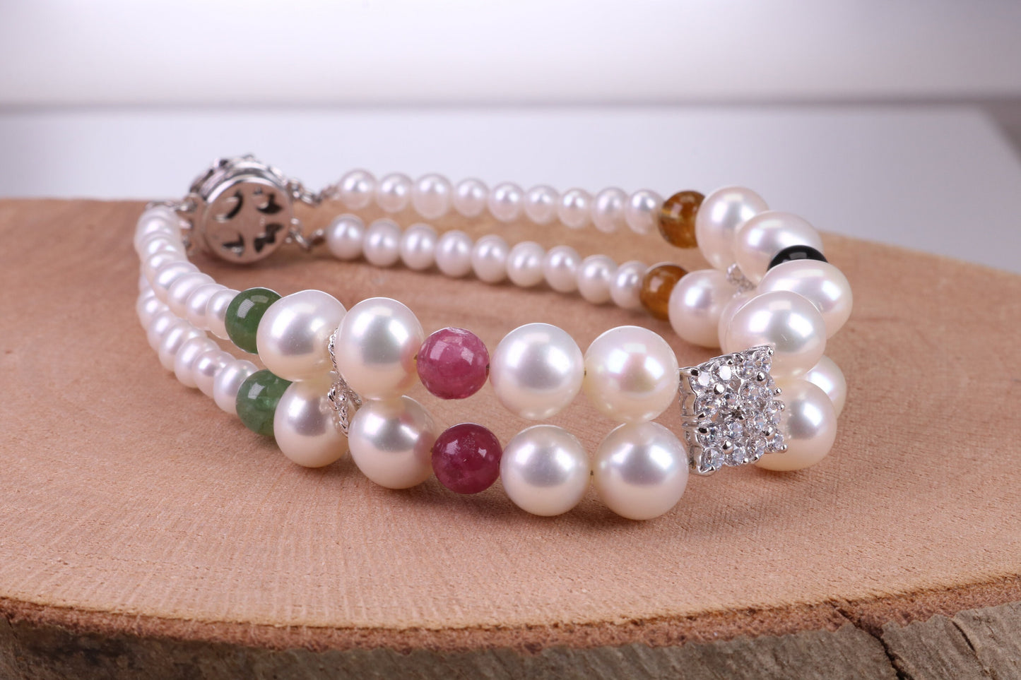 Multi Colour Double Row Freshwater Pearl Bracelet with Rose Flower Closure, made from Sterling Silver