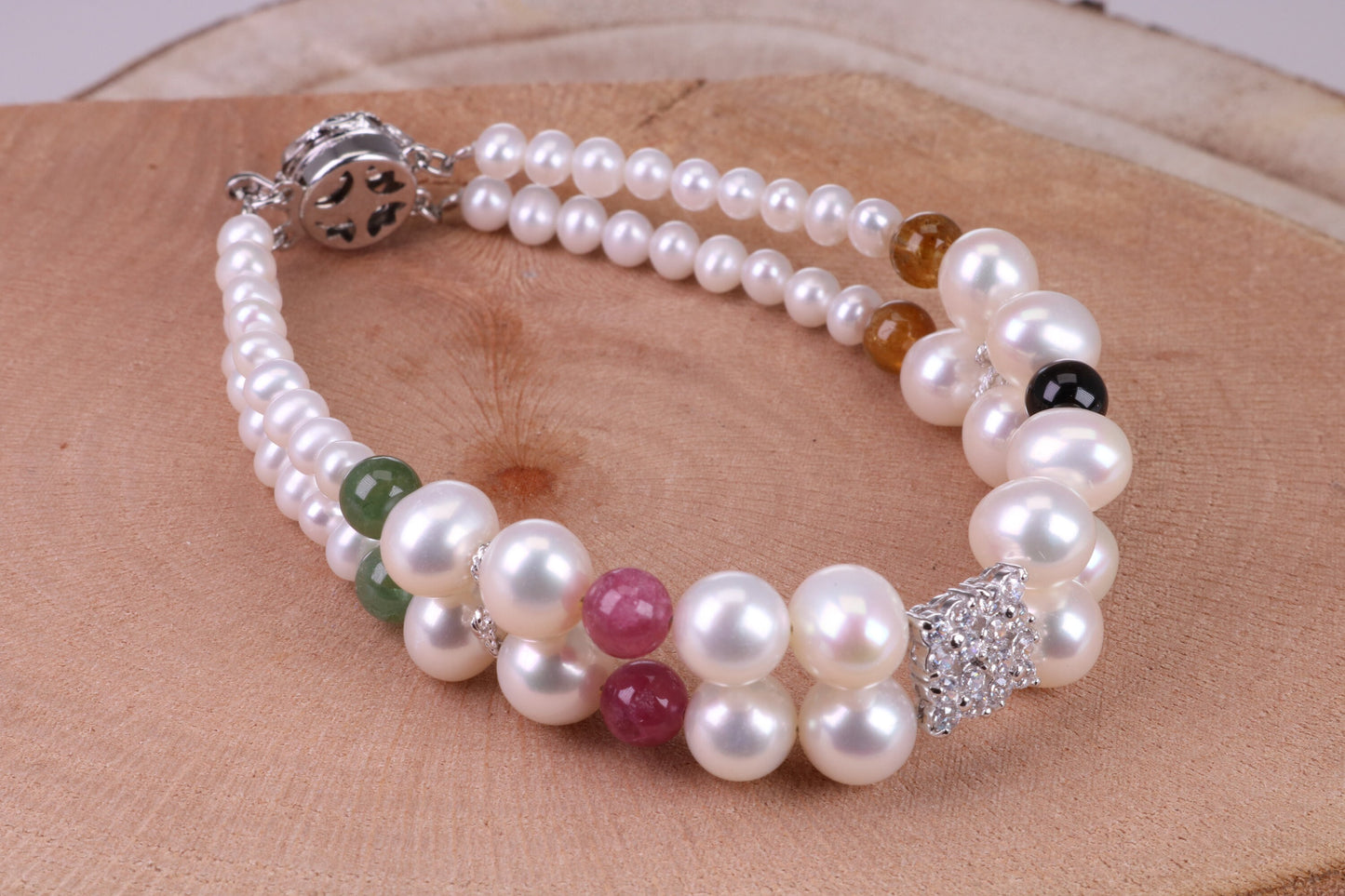 Multi Colour Double Row Freshwater Pearl Bracelet with Rose Flower Closure, made from Sterling Silver