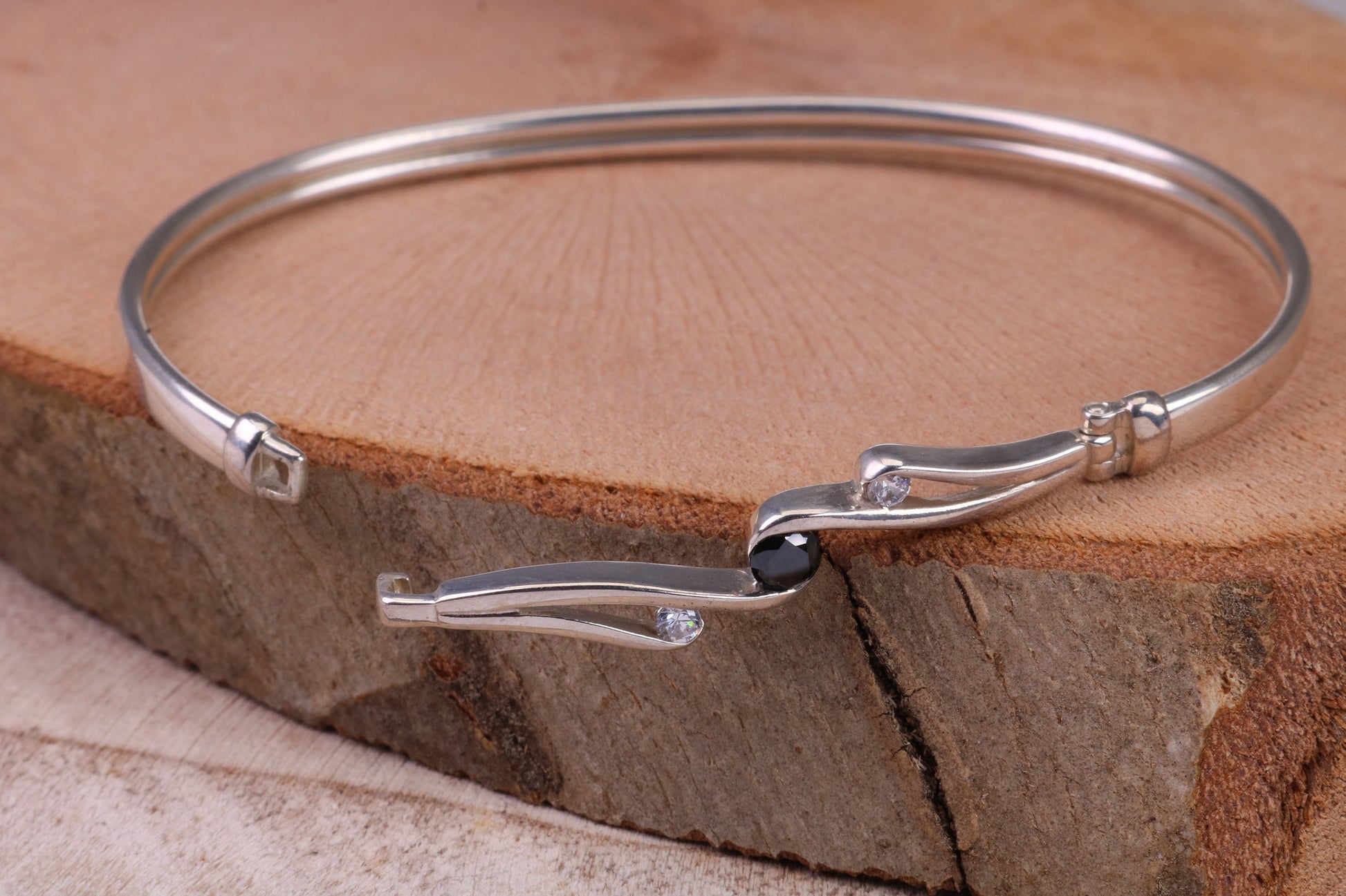 Oval C Z Set Hinged Solid Silver Bangle