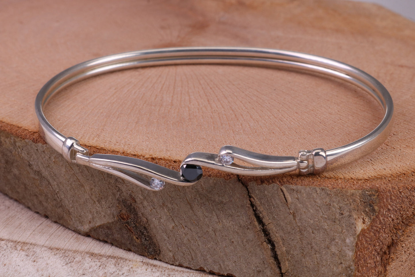 Oval C Z Set Hinged Solid Silver Bangle