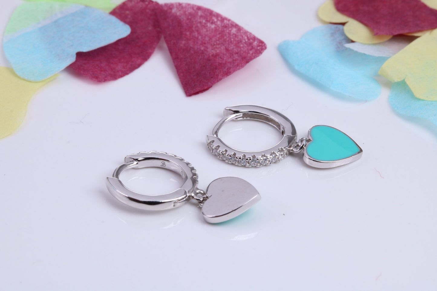 Love Hearts Dropper Hoop Earrings, Cubic Zirconia set, Made from Solid 925 Grade Sterling Silver
