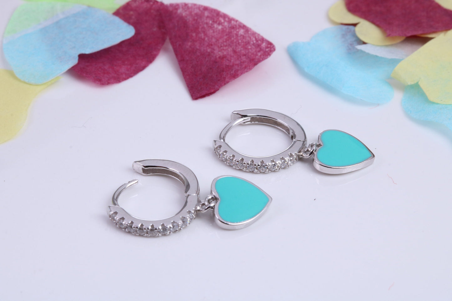 Love Hearts Dropper Hoop Earrings, Cubic Zirconia set, Made from Solid 925 Grade Sterling Silver