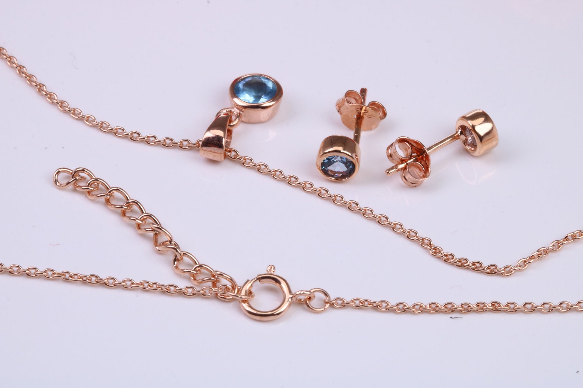 Real Blue Topaz Necklace and Matching Stud Earrings, made from solid Sterling Silver and 18ct Rose Gold Plated