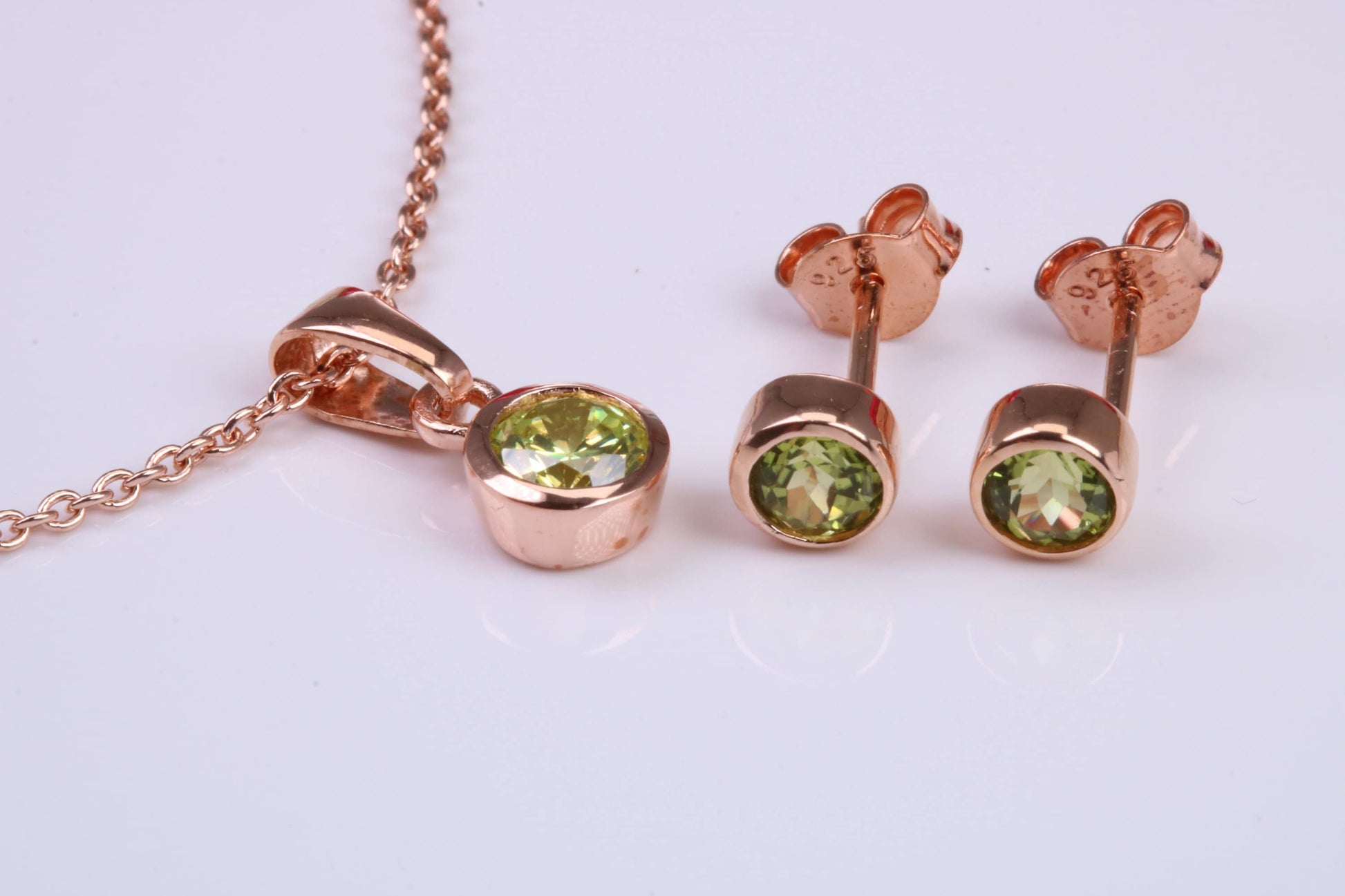 Real Peridot set Necklace and Matching Stud Earrings, made from solid Sterling Silver and 18ct Rose Gold Plated