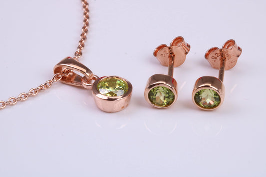 Real Peridot set Necklace and Matching Stud Earrings, made from solid Sterling Silver and 18ct Rose Gold Plated
