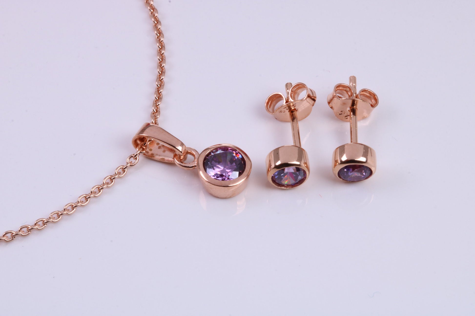 Real Amethyst set Necklace and Matching Stud Earrings, made from solid Sterling Silver and 18ct Rose Gold Plated