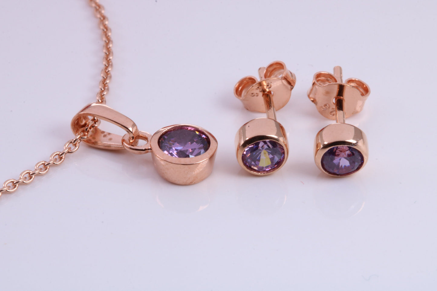 Real Amethyst set Necklace and Matching Stud Earrings, made from solid Sterling Silver and 18ct Rose Gold Plated