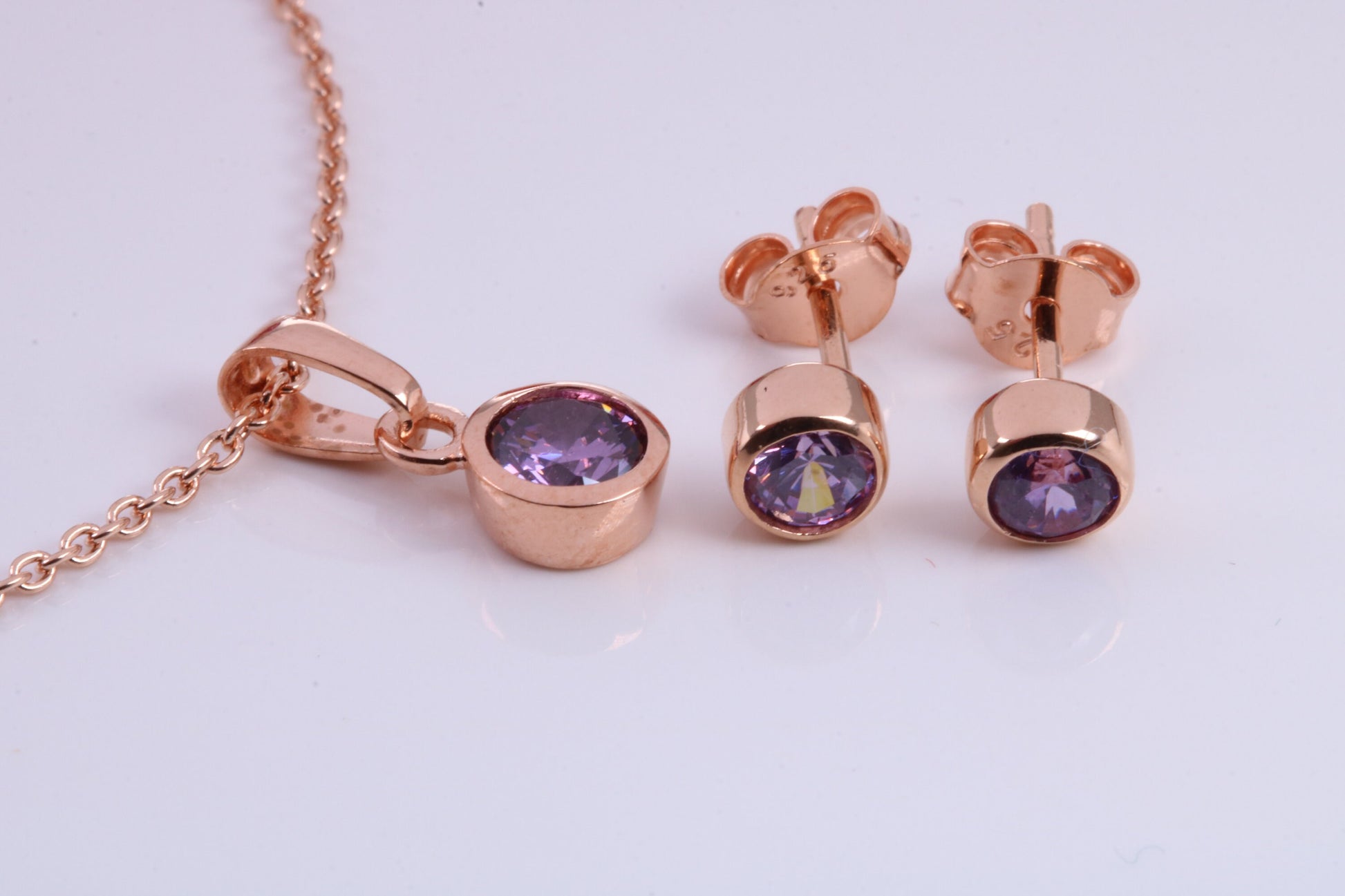 Real Amethyst set Necklace and Matching Stud Earrings, made from solid Sterling Silver and 18ct Rose Gold Plated