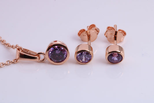 Real Amethyst set Necklace and Matching Stud Earrings, made from solid Sterling Silver and 18ct Rose Gold Plated