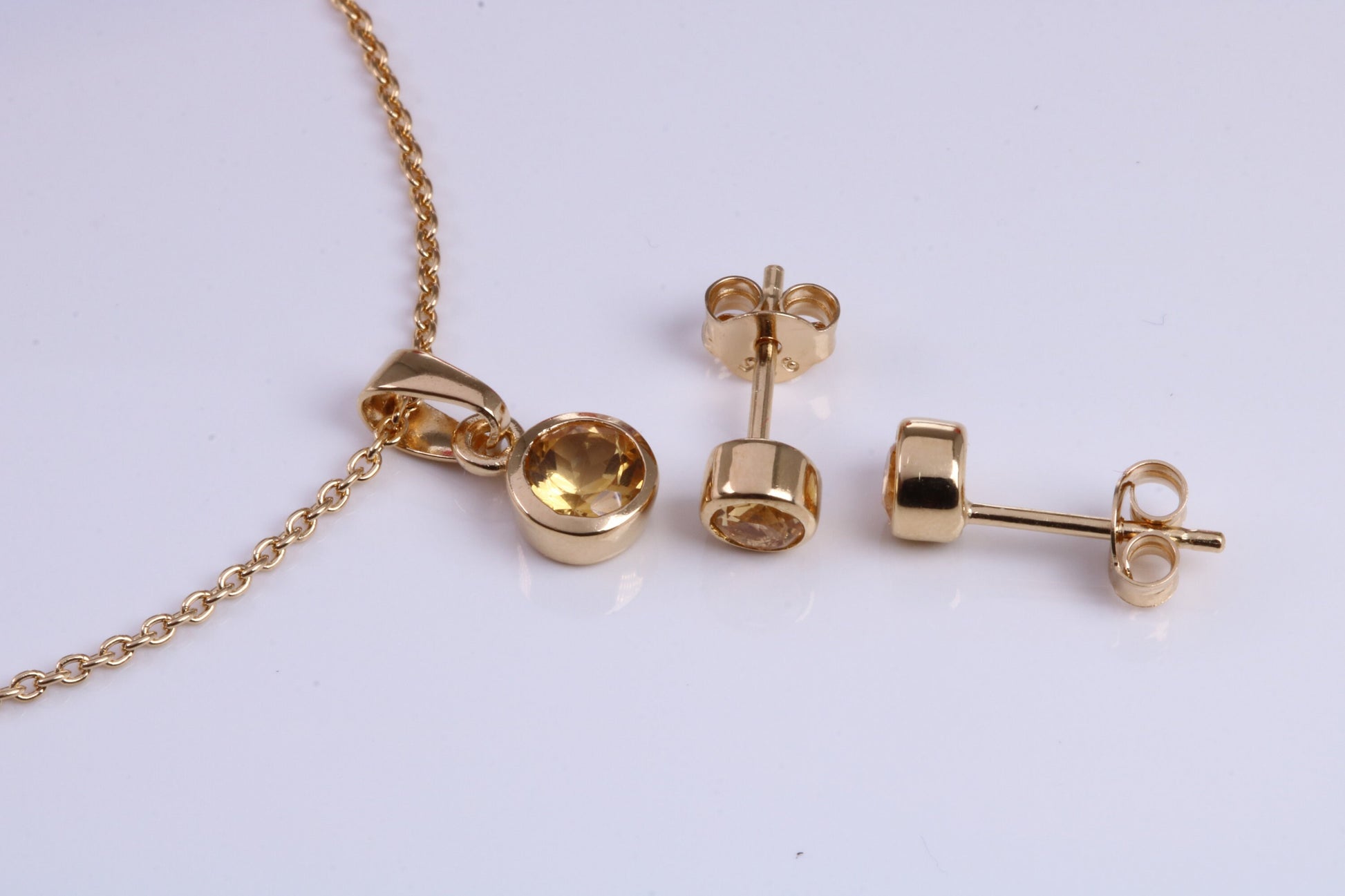 Real Citrine set Necklace and Matching Stud Earrings, made from solid Sterling Silver and 18ct Yellow Gold Plated