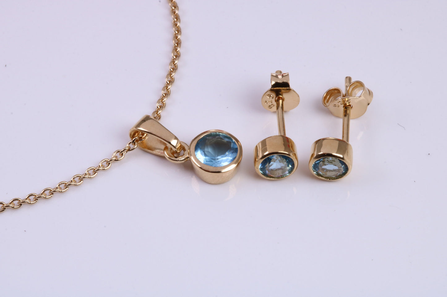 Real Blue Topaz set Necklace and Matching Stud Earrings, made from solid Sterling Silver and 18ct Yellow Gold Plated
