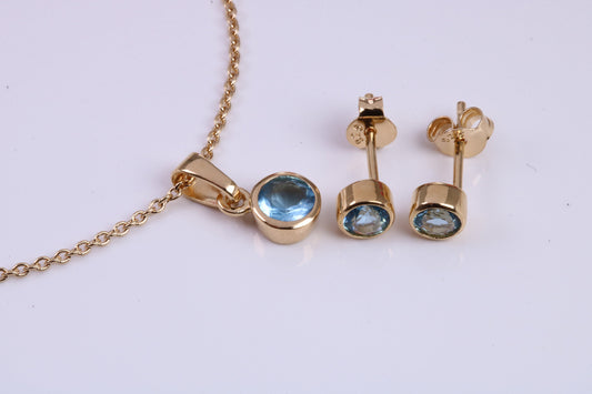 Real Blue Topaz set Necklace and Matching Stud Earrings, made from solid Sterling Silver and 18ct Yellow Gold Plated
