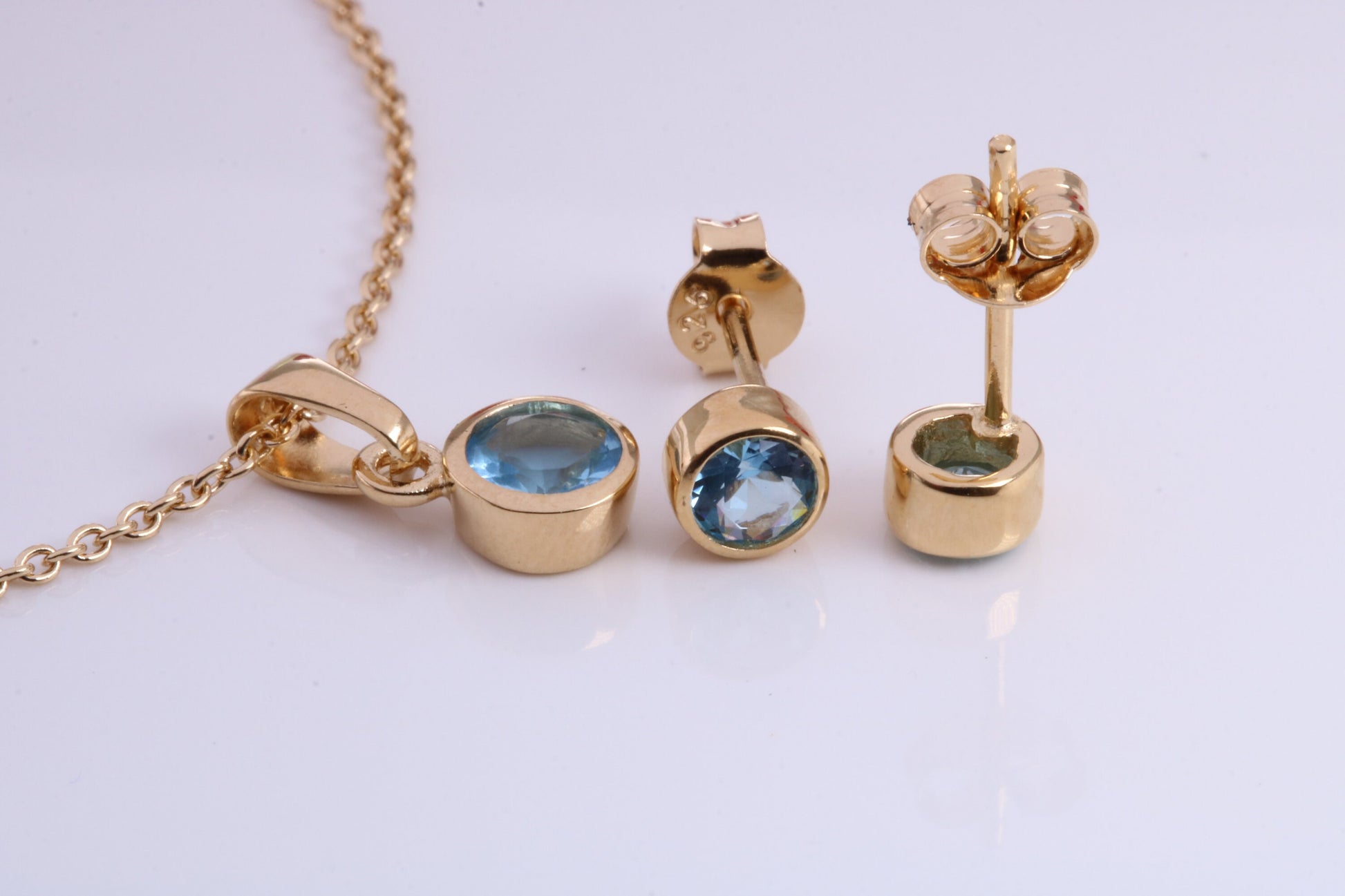 Real Blue Topaz set Necklace and Matching Stud Earrings, made from solid Sterling Silver and 18ct Yellow Gold Plated