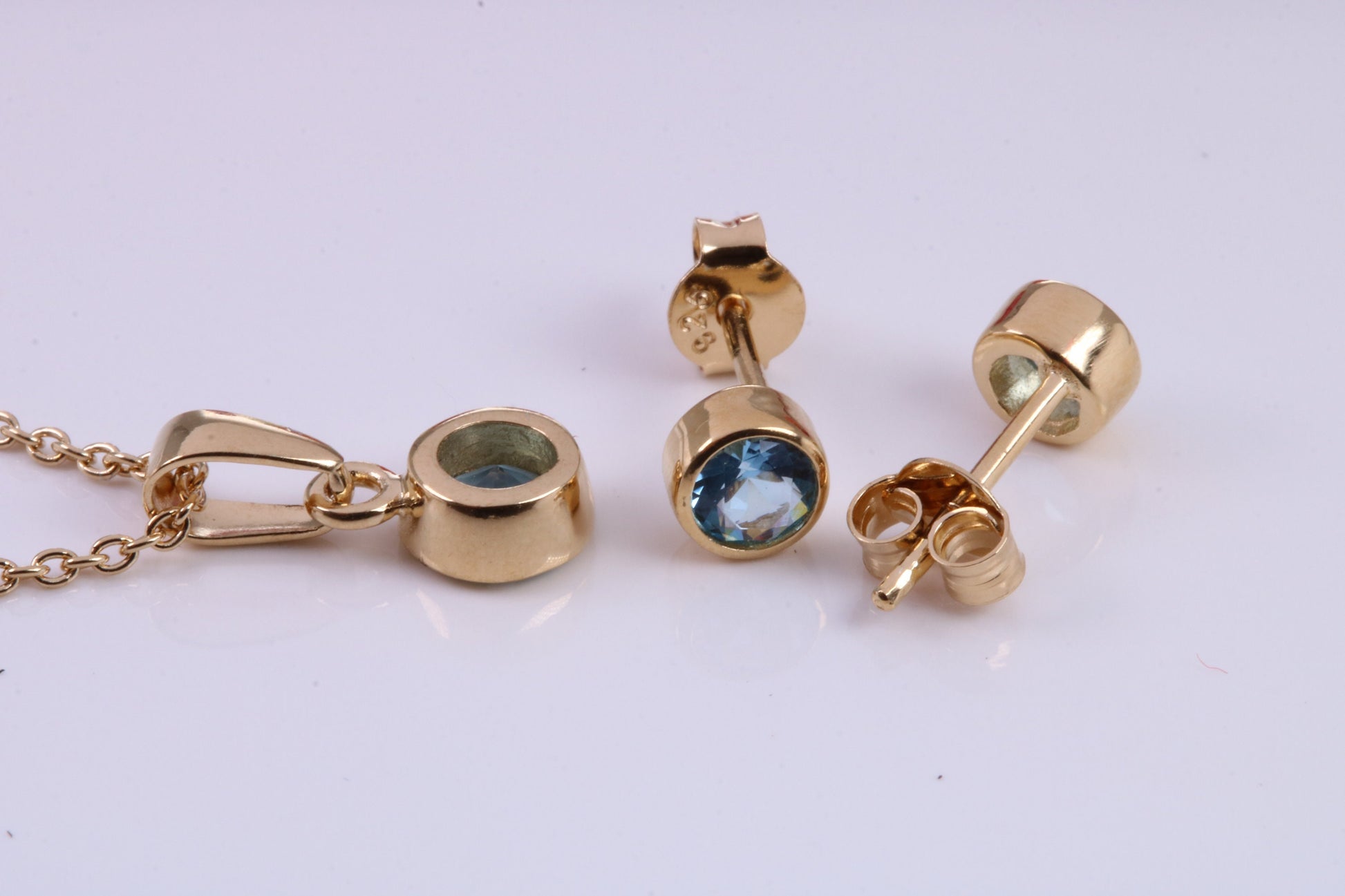 Real Blue Topaz set Necklace and Matching Stud Earrings, made from solid Sterling Silver and 18ct Yellow Gold Plated