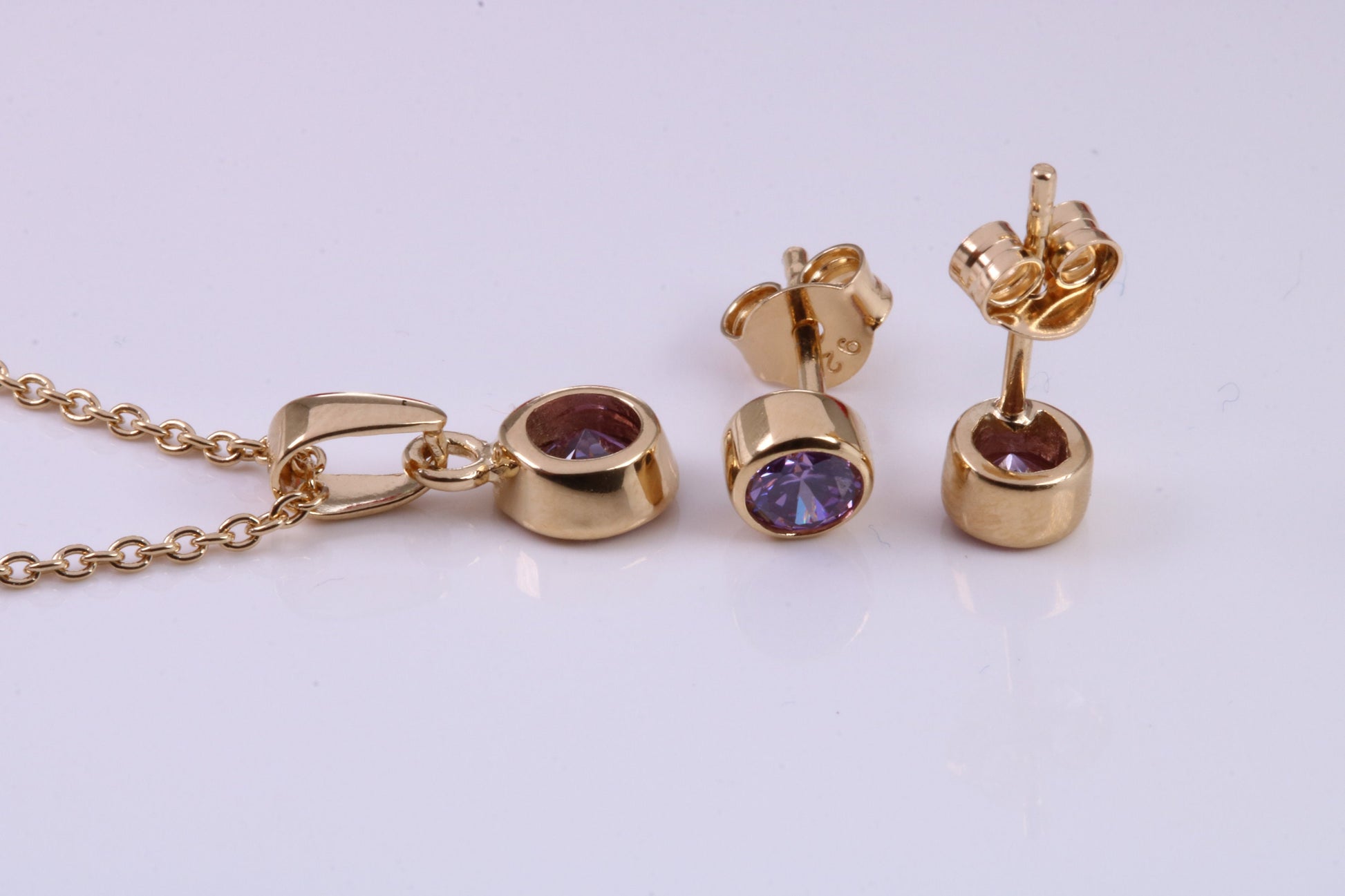 Real Amethyst set Necklace and Matching Stud Earrings, made from solid Sterling Silver and 18ct Yellow Gold Plated