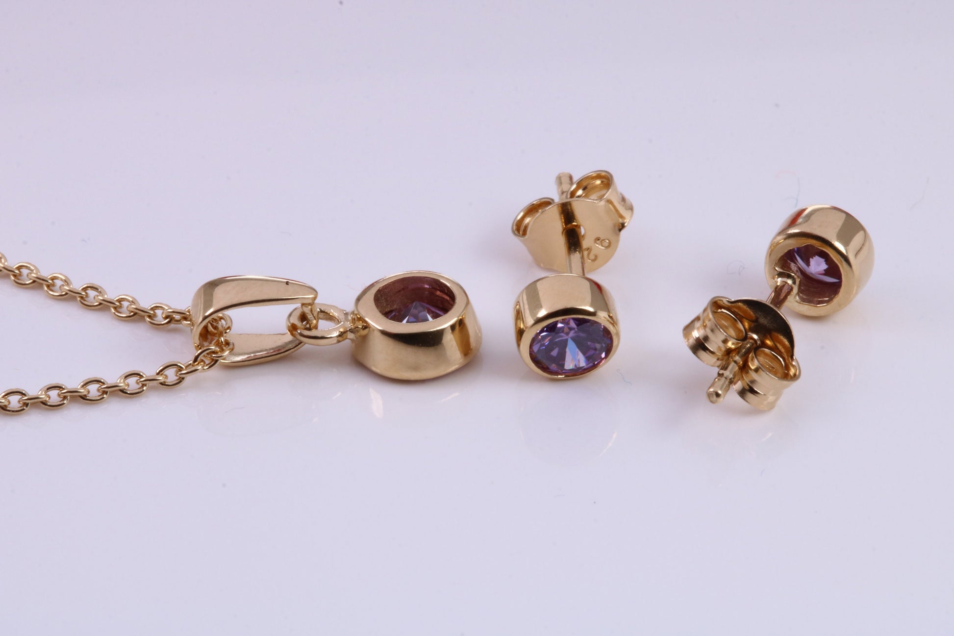 Real Amethyst set Necklace and Matching Stud Earrings, made from solid Sterling Silver and 18ct Yellow Gold Plated