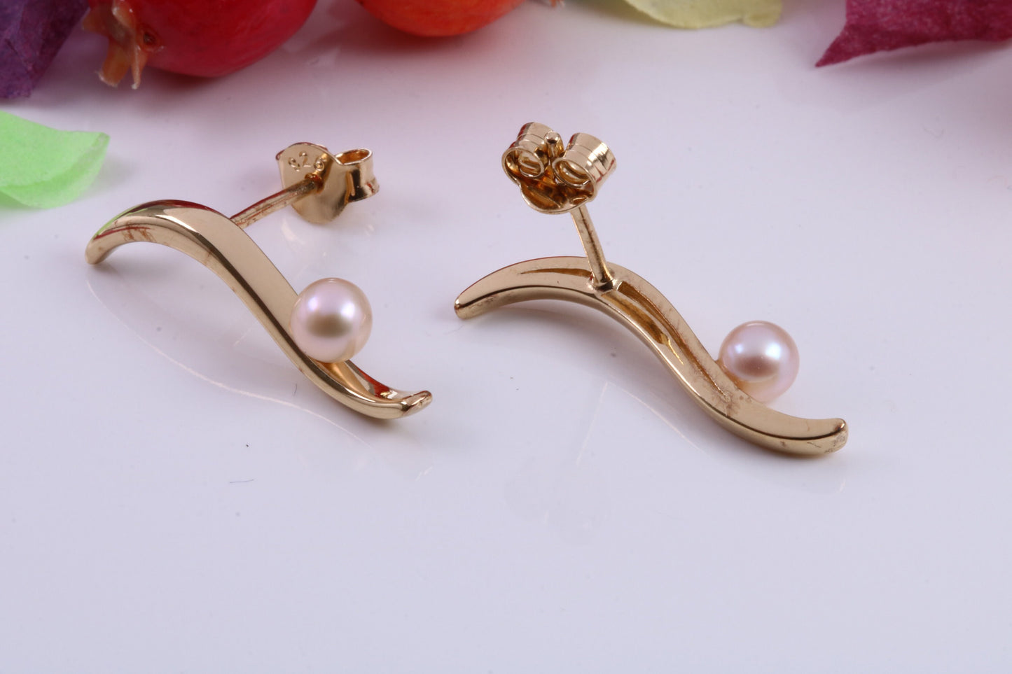 23 mm Long Pearl set Earrings, Made from Solid 925 Grade Sterling Silver and 18ct Yellow Gold Plated