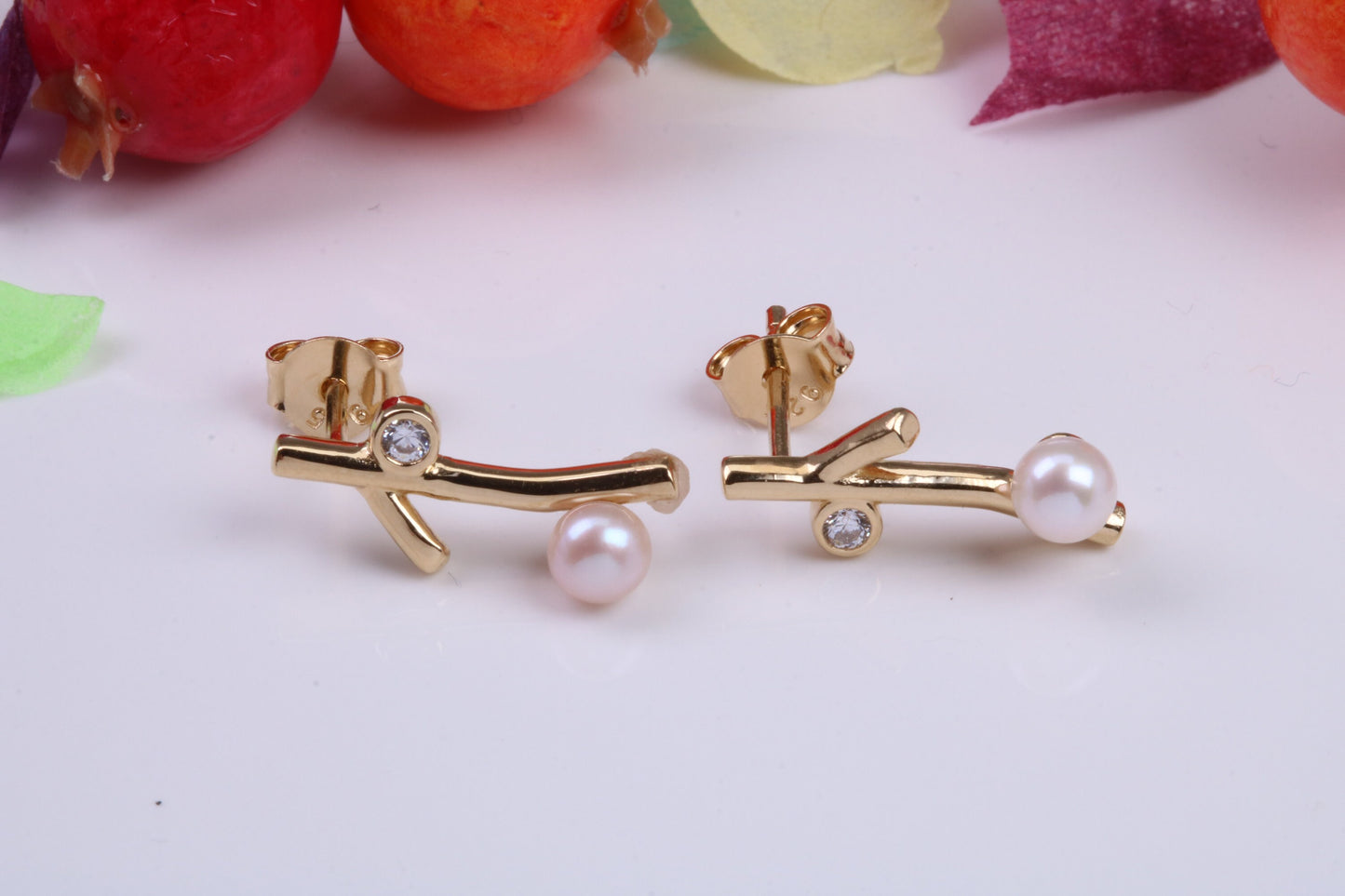 16 mm Long Pearl and Cubic Zirconia set Earrings, Made from Solid 925 Grade Sterling Silver and 18ct Yellow Gold Plated