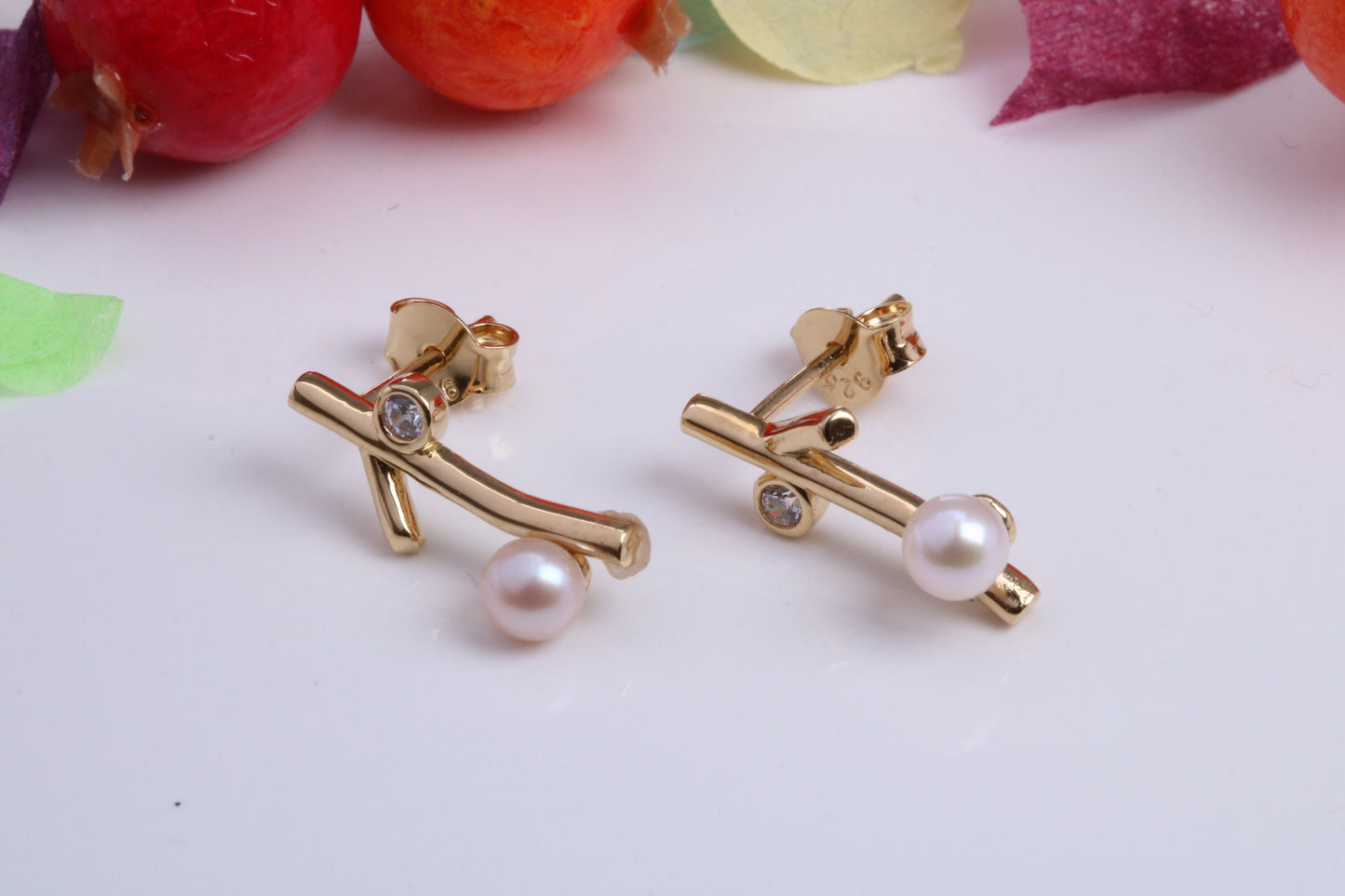 16 mm Long Pearl and Cubic Zirconia set Earrings, Made from Solid 925 Grade Sterling Silver and 18ct Yellow Gold Plated