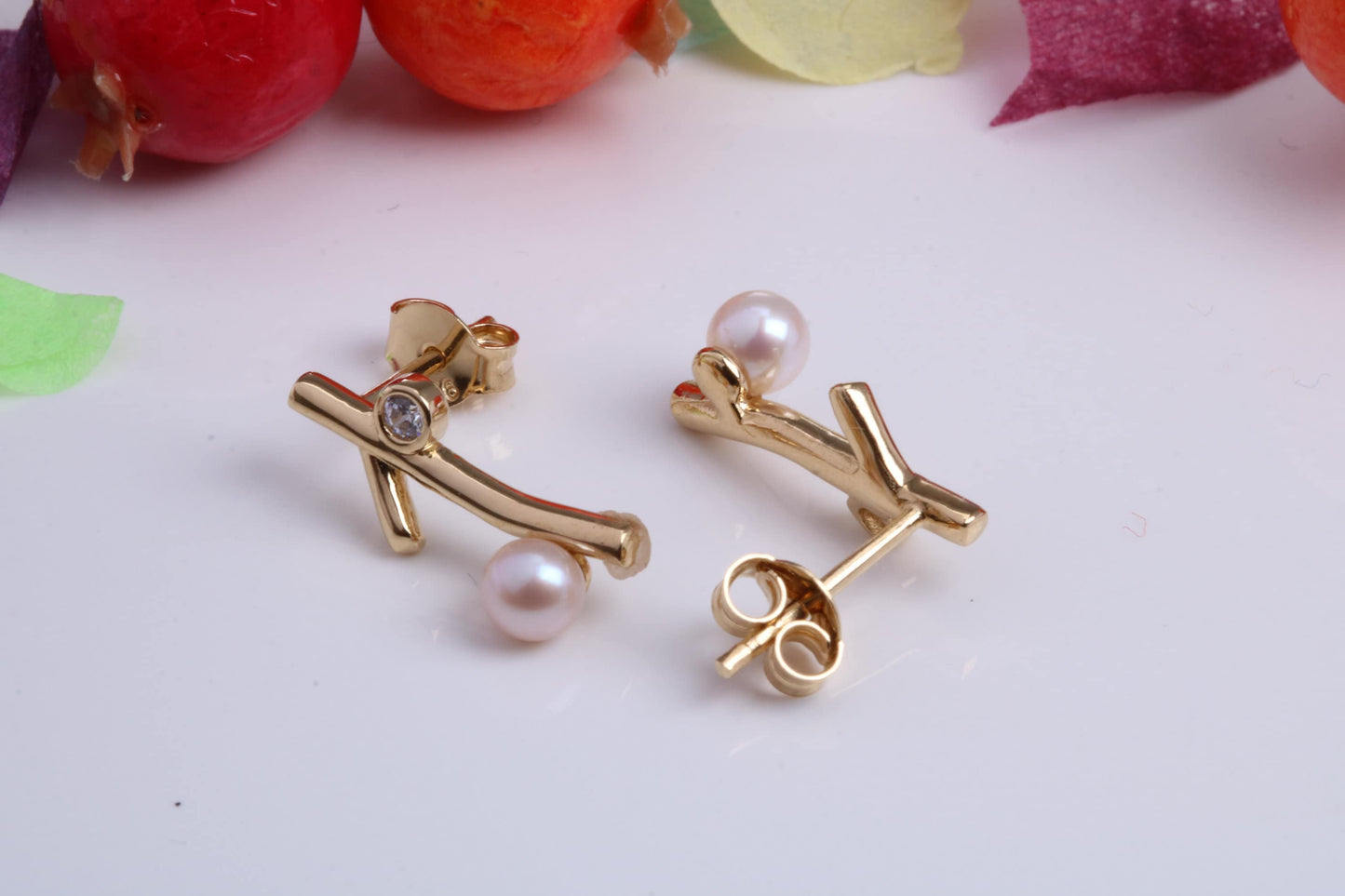 16 mm Long Pearl and Cubic Zirconia set Earrings, Made from Solid 925 Grade Sterling Silver and 18ct Yellow Gold Plated