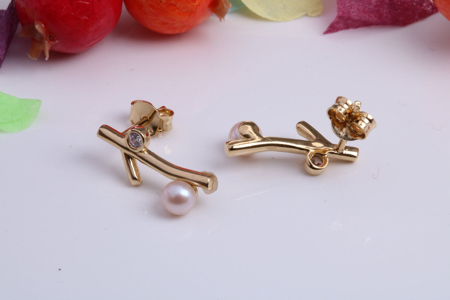 16 mm Long Pearl and Cubic Zirconia set Earrings, Made from Solid 925 Grade Sterling Silver and 18ct Yellow Gold Plated