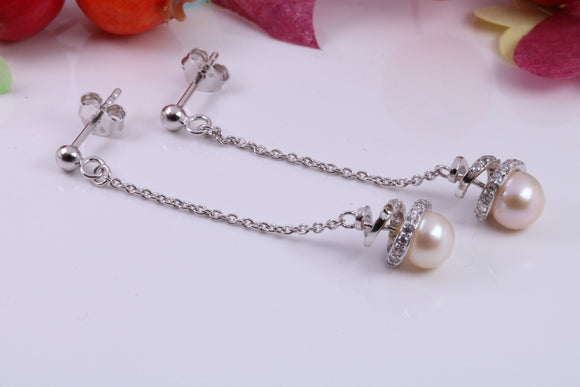 50 mm Long Stud Pearl and Cubic Zirconia set Earrings, Very Dressy, Made from Solid 925 Grade Sterling Silver