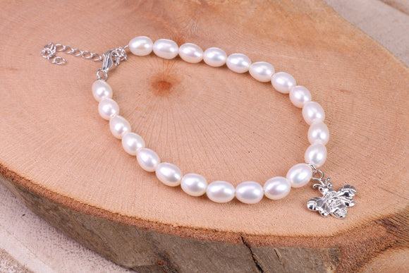 Freshwater Pearl Bracelet with Bumble Bee Charm Dropper, made from Sterling Silver