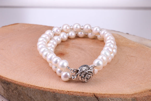 Double Row Freshwater Pearl Bracelet with Rose Flower Closure, made from Sterling Silver
